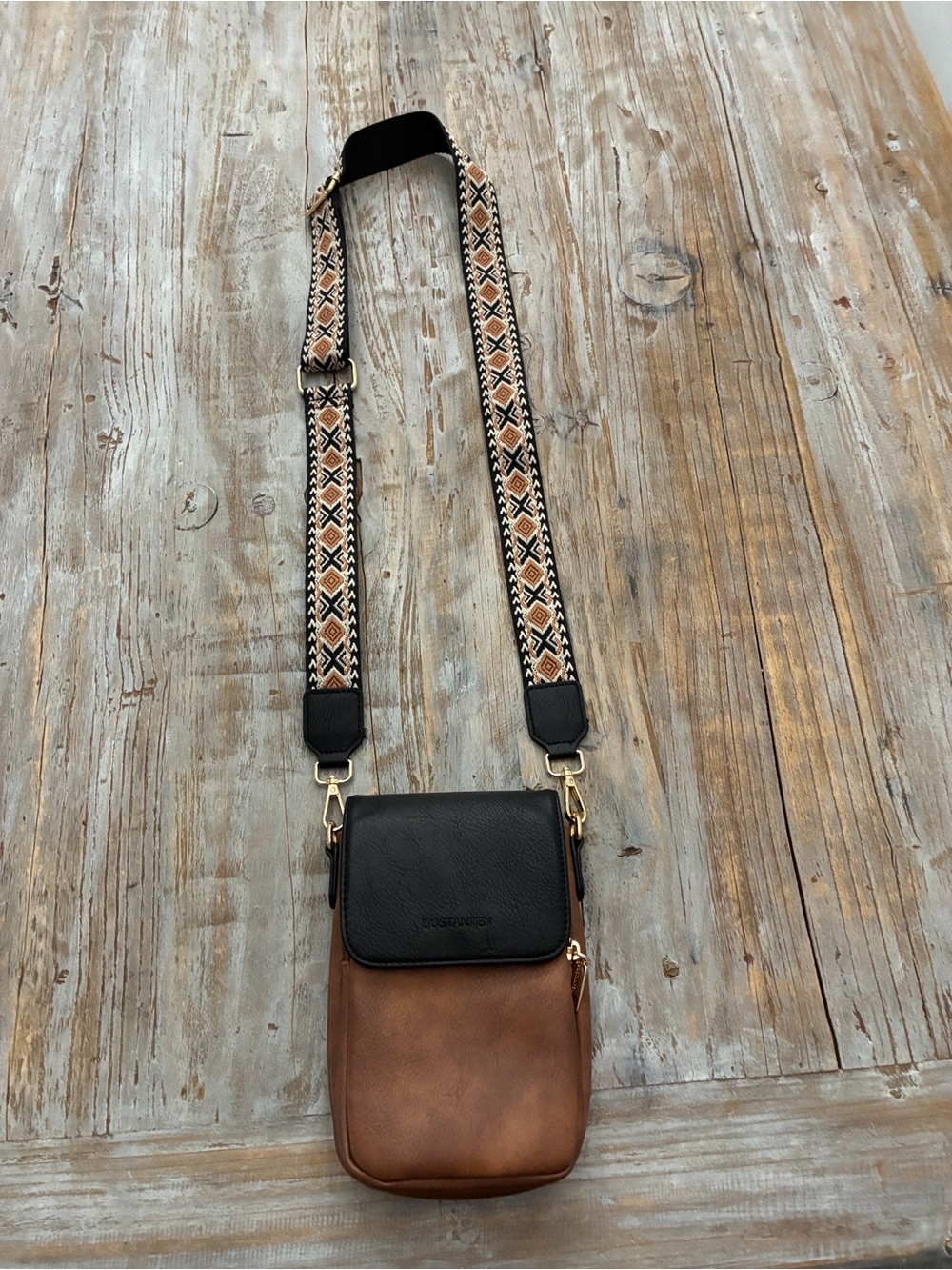 Bostanten Two-Tone Brown and Black Crossbody with Patterned Strap
